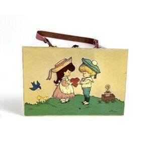 Vtg Joan Walsh Anglund Mid-Century Hand Painted Boy & Girl Wood Box Purse 1960s